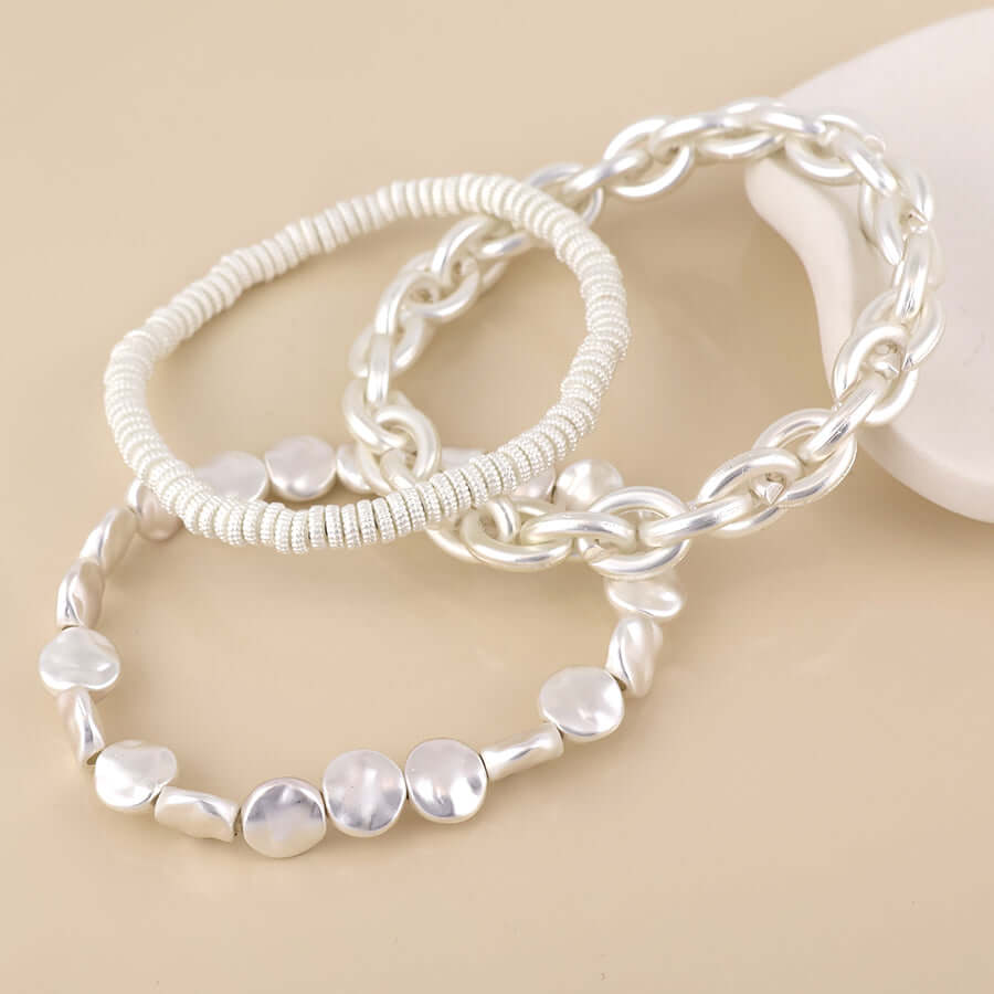 POM925 - Ravel silver plated matt finish triple mixed bracelet set