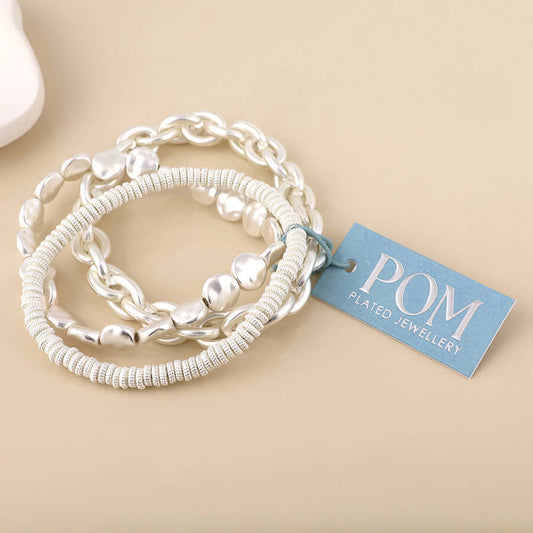 POM925 - Ravel silver plated matt finish triple mixed bracelet set