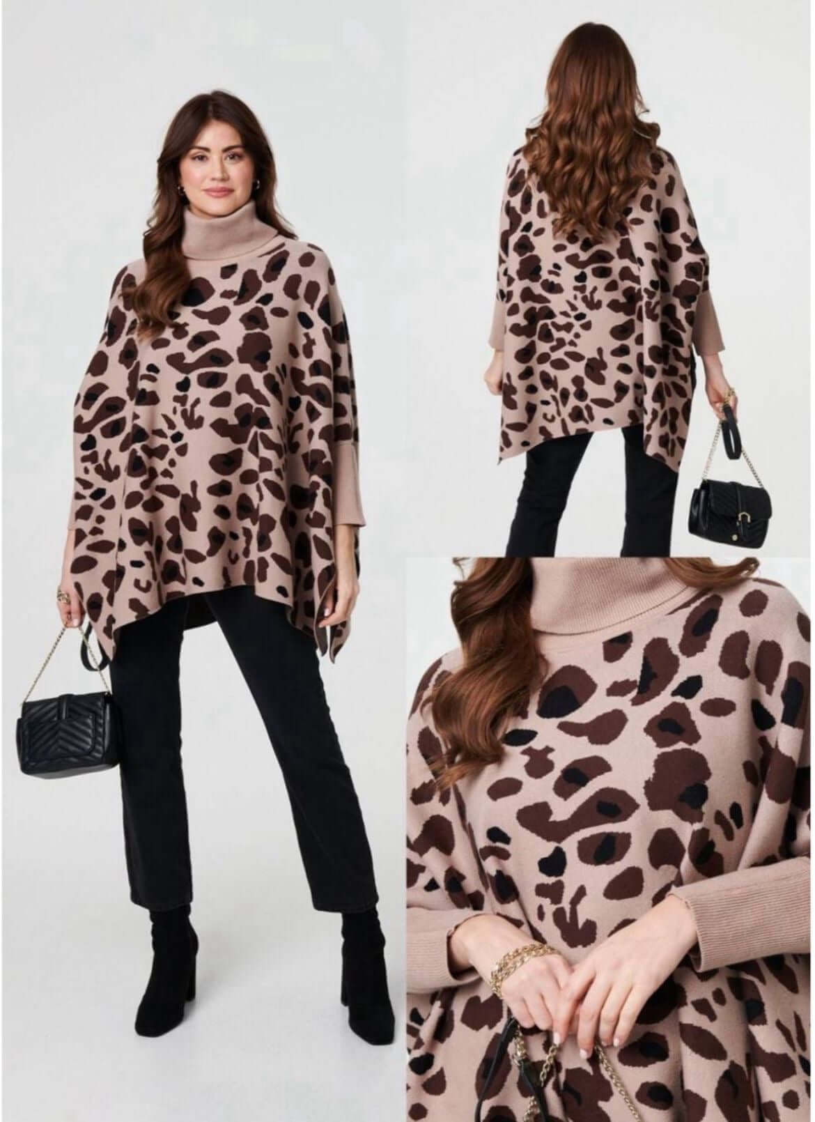 Leopard Poncho Style Roll Neck Jumper