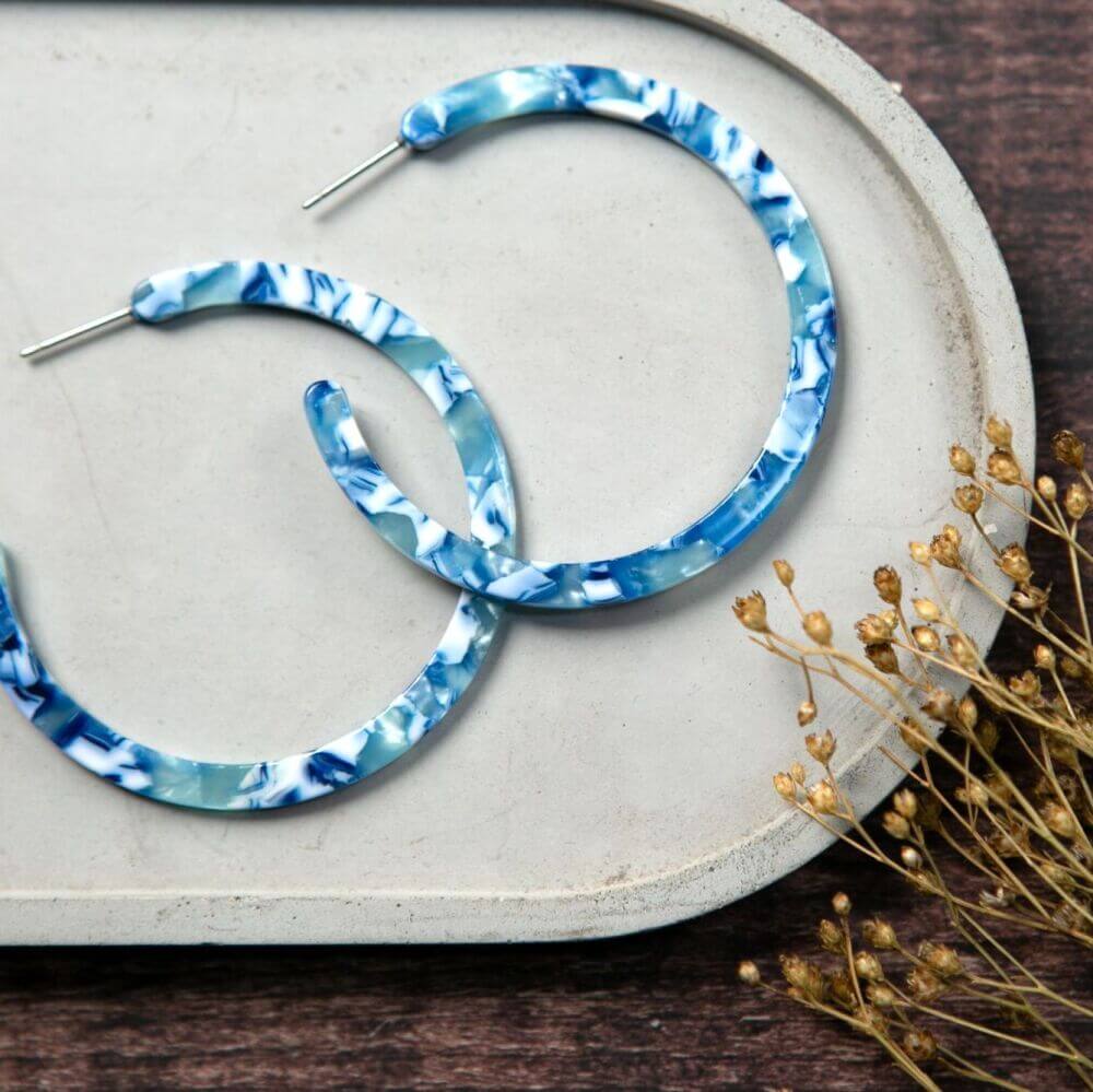 The Old Farmhouse Jewellery - Blue Patterned acrylic circle hoop studs