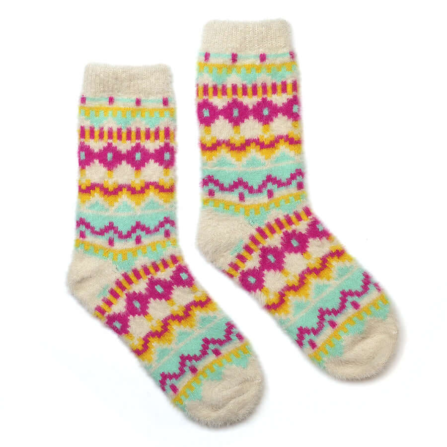 POM925 - Mia fluffy cream and neon mix scandi pixel socks