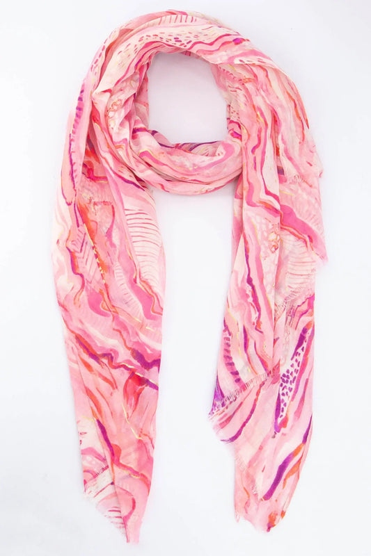 Wave Print Scarf with Gold Metallic Highlights - Pink