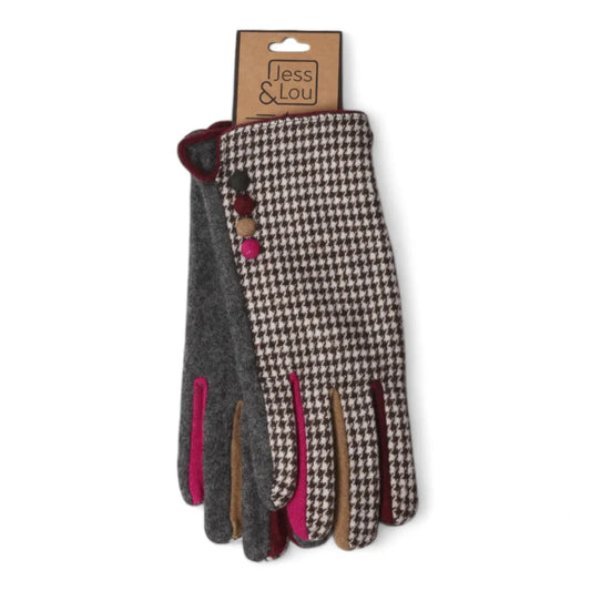 Jess & Lou - Grey Buttoned Dogtooth Gloves