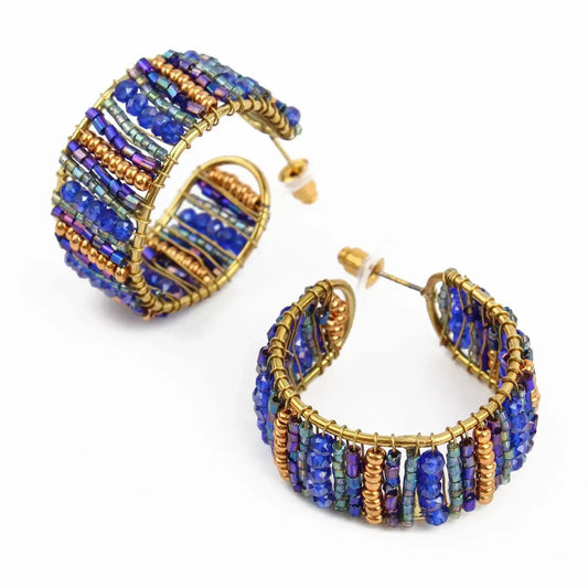 Blue Beaded Hoop Earrings