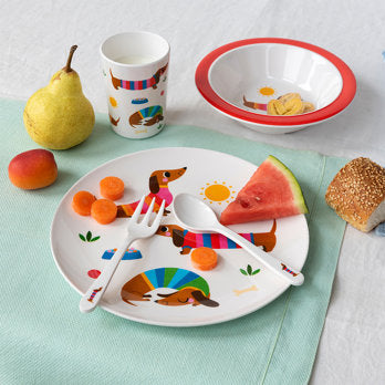 Children's melamine dinner set (5 pieces) - Sunny Sausage Dog