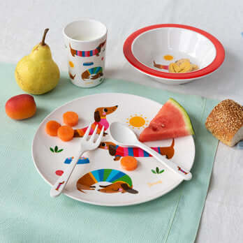 Children's melamine dinner set (5 pieces) - Sunny Sausage Dog