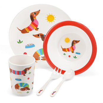 Children's melamine dinner set (5 pieces) - Sunny Sausage Dog