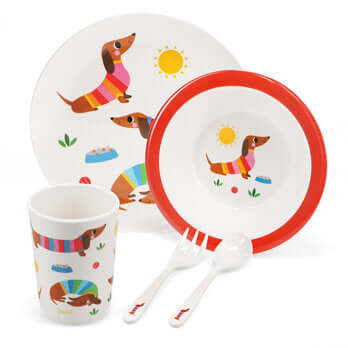 Children's melamine dinner set (5 pieces) - Sunny Sausage Dog
