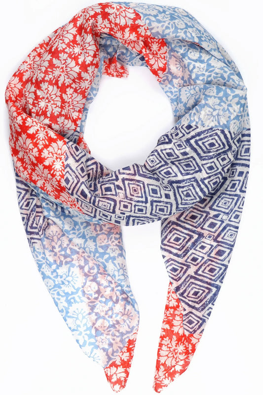 Mixed Floral and Diamond Print Cotton Scarf - Blue/Red