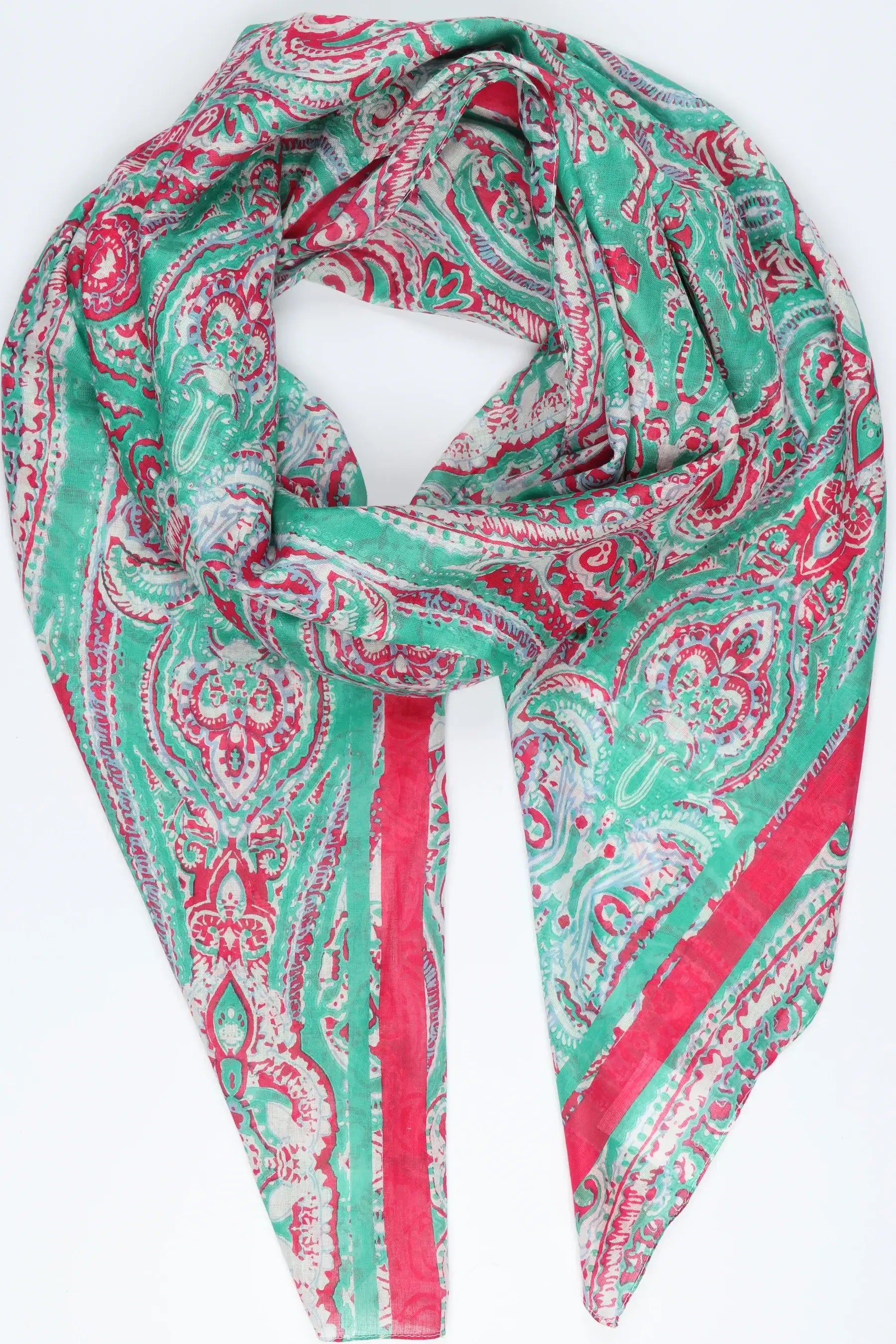 Ornate Paisley Print Stripe Border Cotton Scarf -Green/Pink