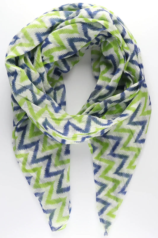 Two Tone Alternating Zig Zag Striped Cotton Scarf - Blue/Green