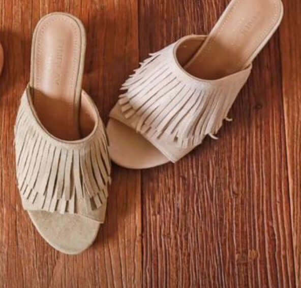 Beige Fringe Detail Mule Sandal