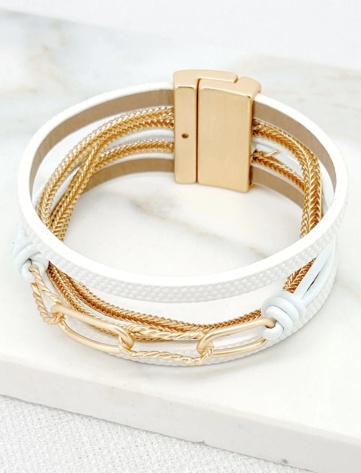 Envy Jewellery - White faux leather and gold chain multi strand bracelet