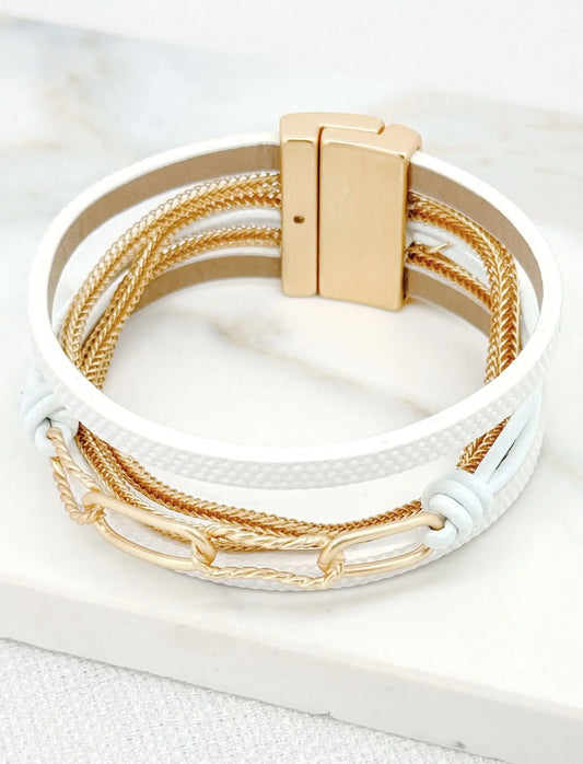 Envy Jewellery - White faux leather and gold chain multi strand bracelet