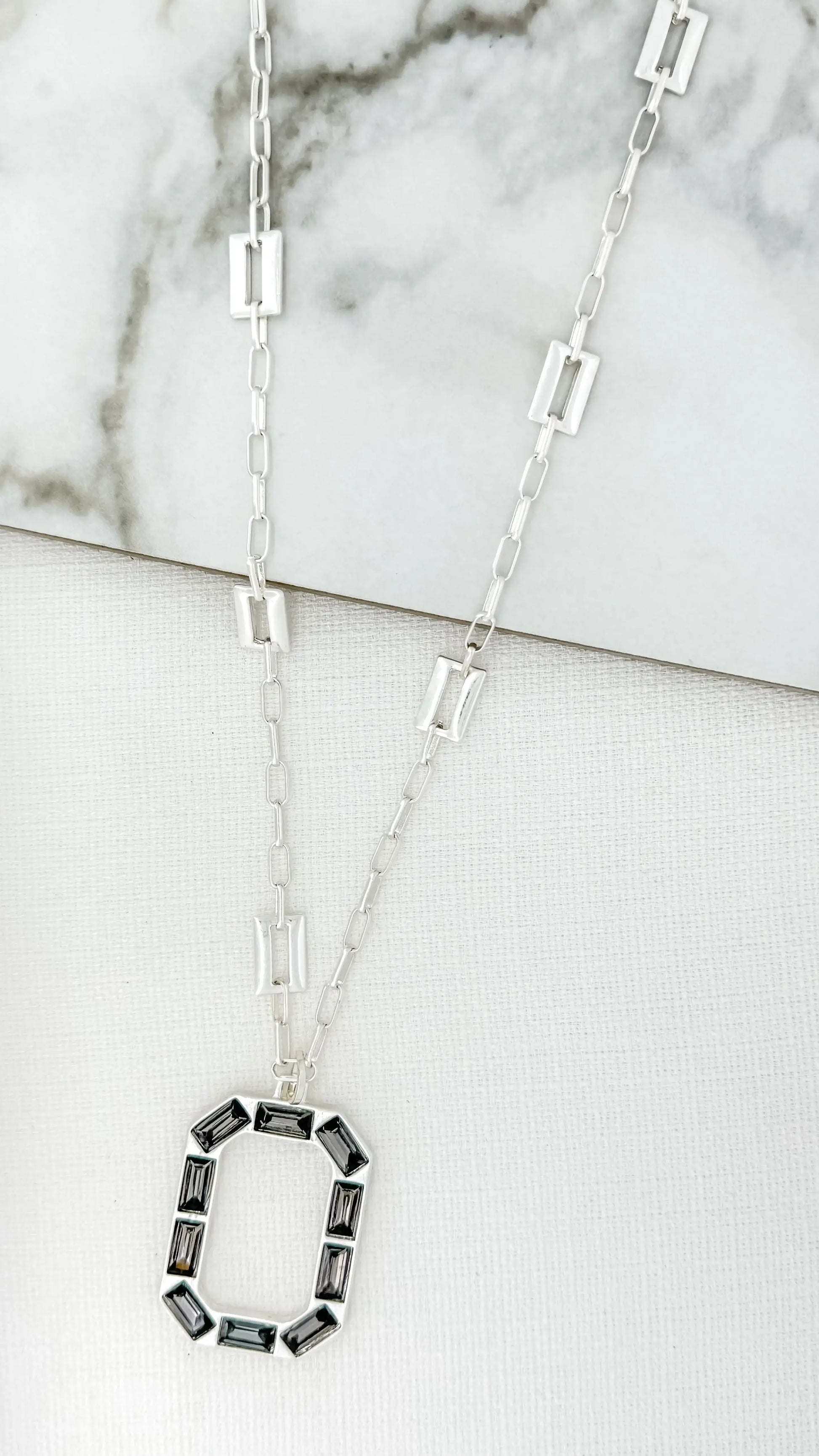 Envy Jewellery - Long silver link chain necklace with a large oval and grey pendant