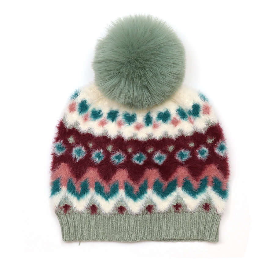 POM925 - Imogen super soft wine and duck egg pattern knit bobble hat