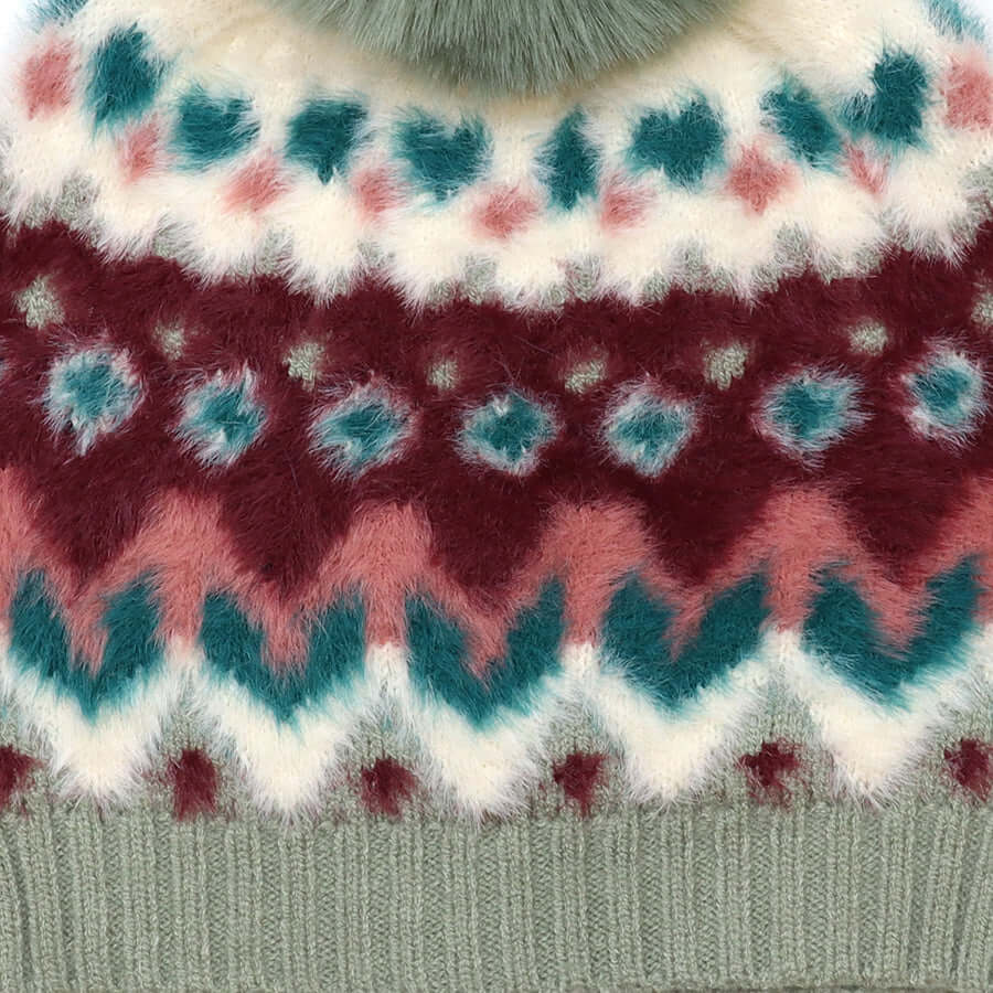 POM925 - Imogen super soft wine and duck egg pattern knit bobble hat