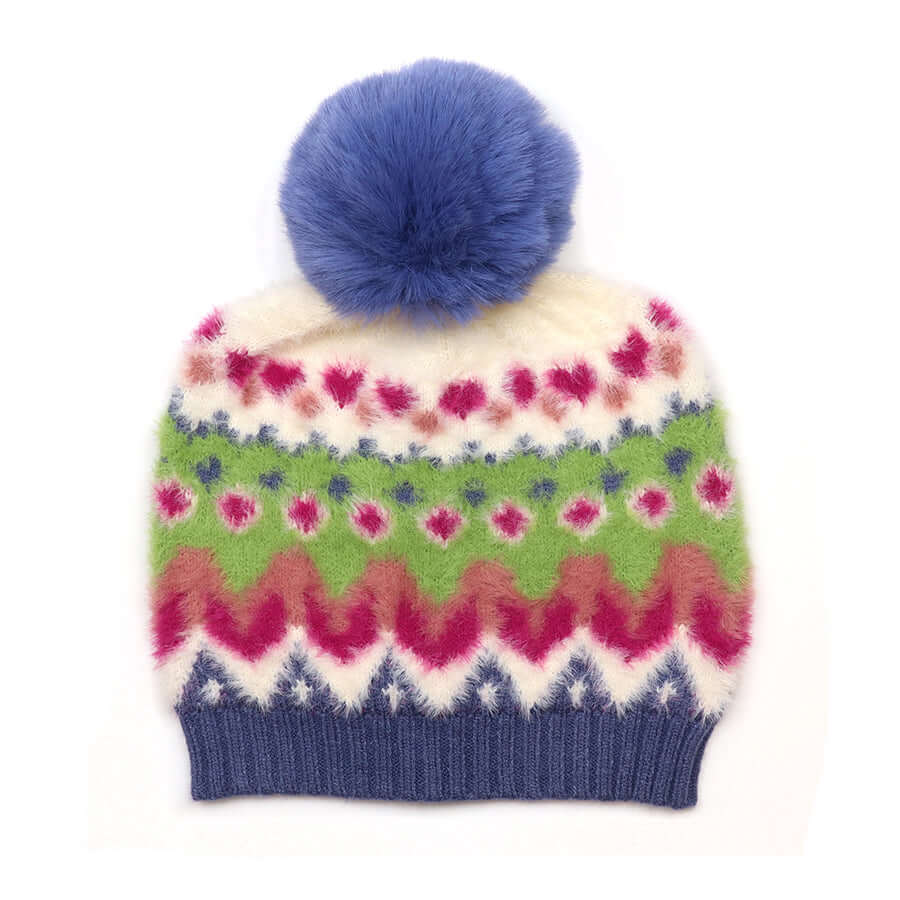 POM925 - Imogen super soft blue,green,pink pattern knit bobble hat