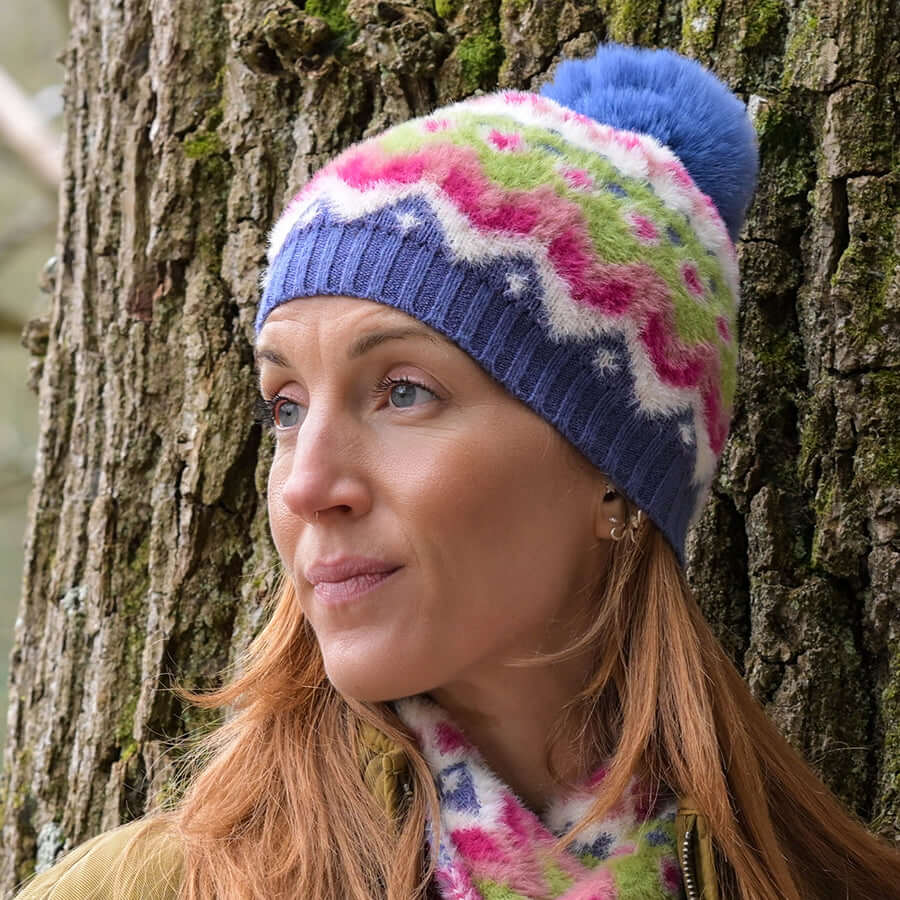 POM925 - Imogen super soft blue,green,pink pattern knit bobble hat