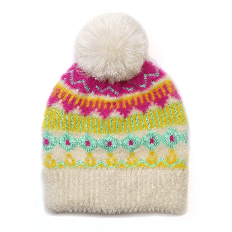 POM925 - Mia cream and neon mix pattern knit bobble hat
