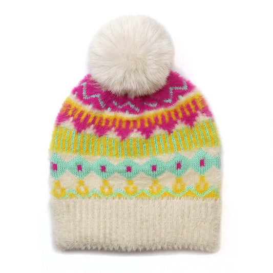 POM925 - Mia cream and neon mix pattern knit bobble hat