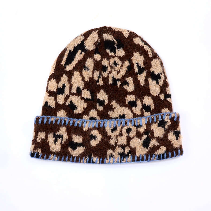 POM925 - Peggy dark brown leopard print hat with blue blanket stitch trim