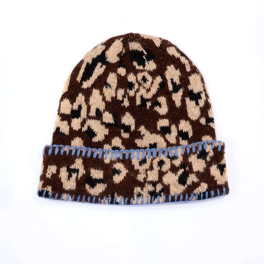 POM925 - Peggy dark brown leopard print hat with blue blanket stitch trim