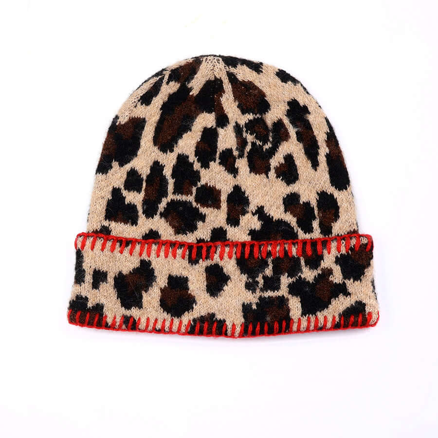 POM925 - Peggy beige leopard print hat with red blanket stitch trim