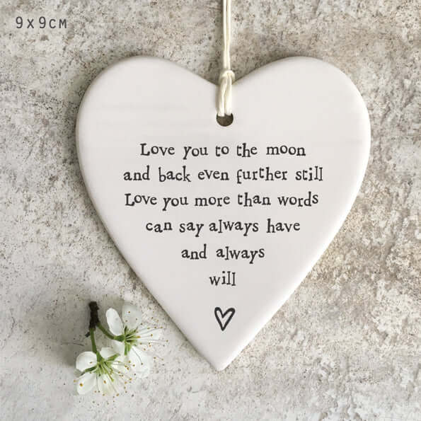 East of India Porcelain hanging round heart - Love you to the moon and back
