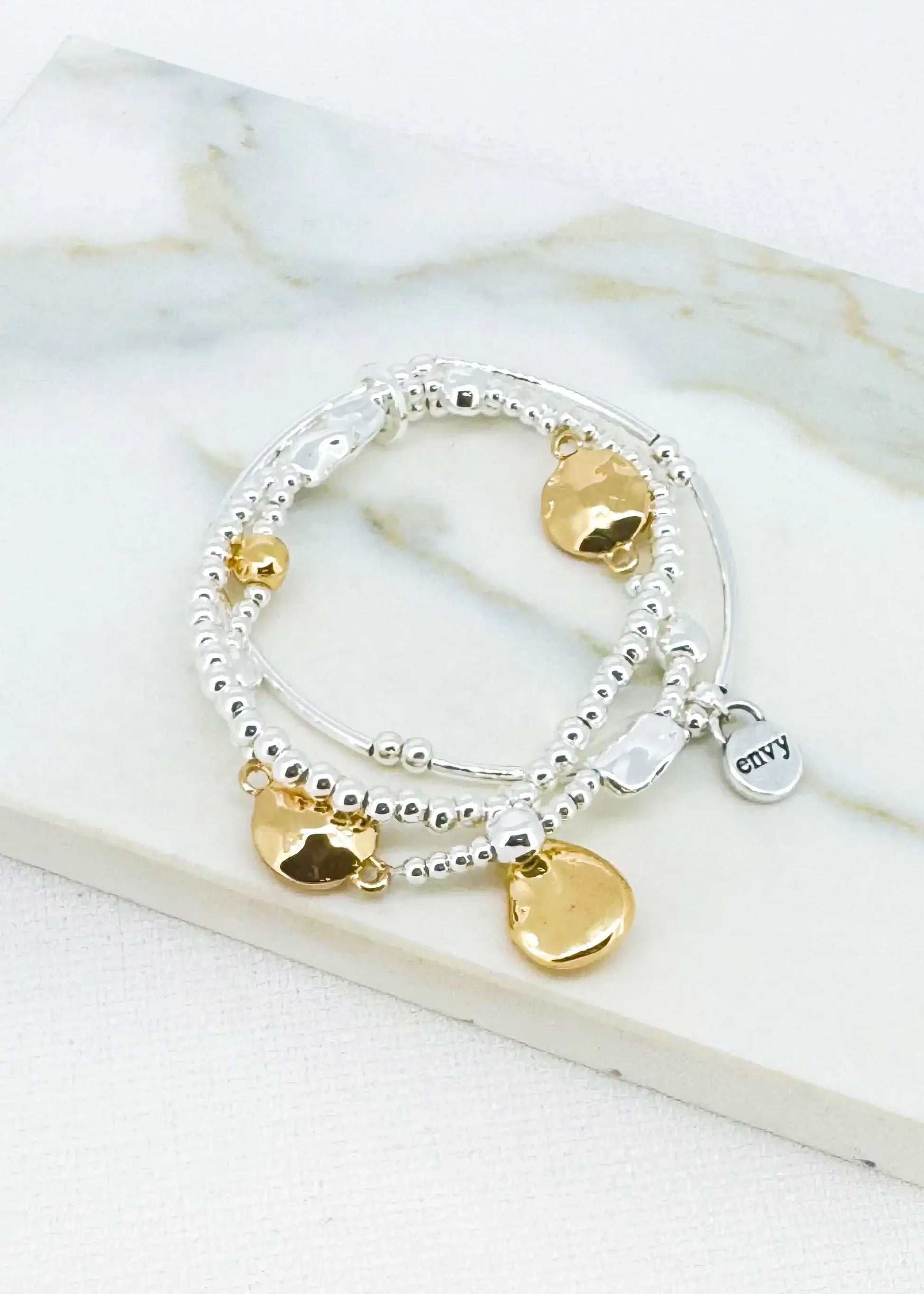 Envy Jewellery - Silver triple layer bracelet with gold bead design