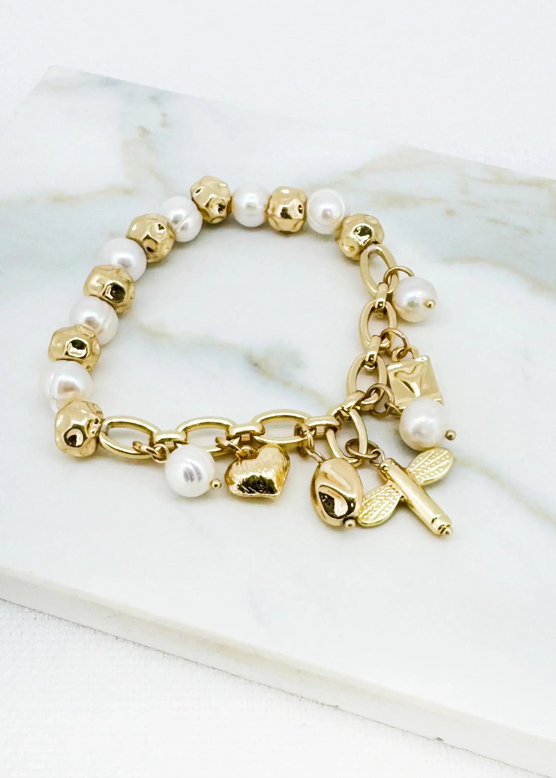 Envy Jewellery - Elasticated gold and pearl ball charm bracelet