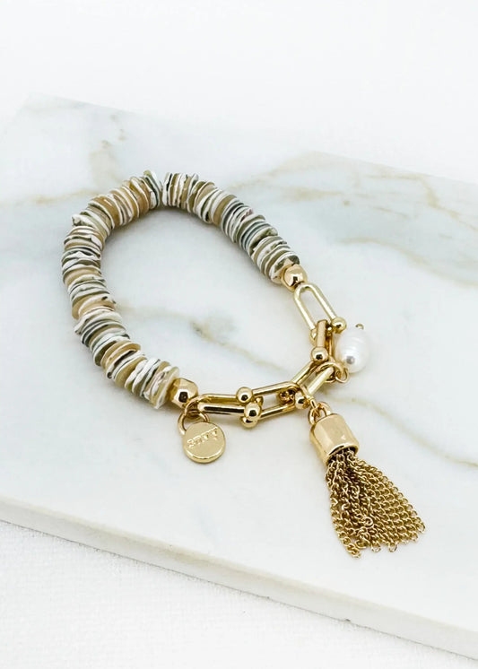 Envy Jewellery - Elasticated gold and beige shell bracelet with pearl and tassel charm