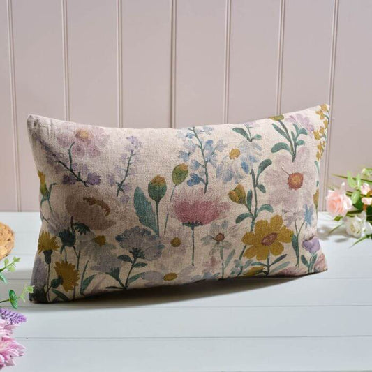 Cottage Garden Linen/Flax Blend Mixed Flowers Printed Rectangular Cushion