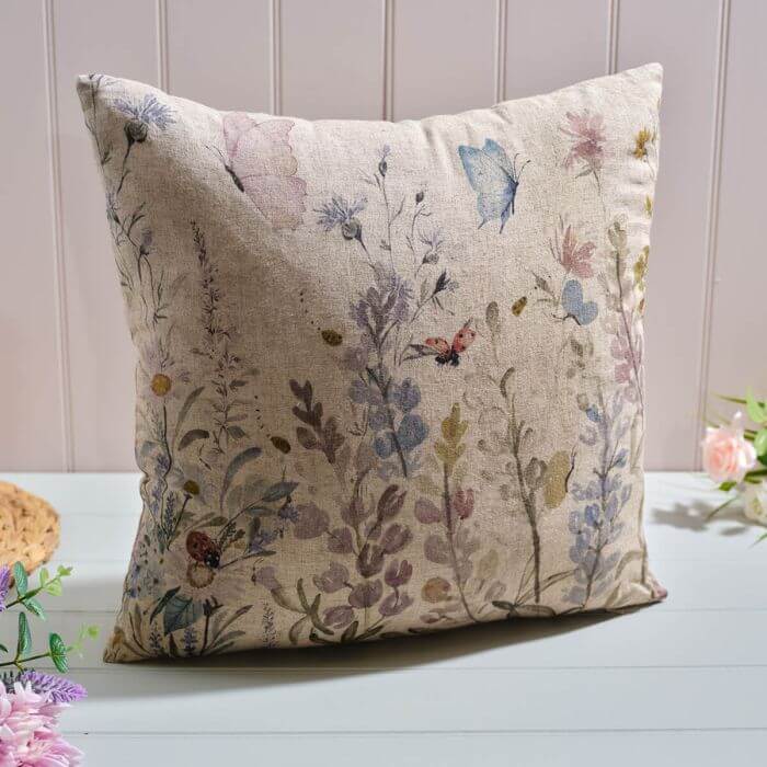 Cottage Garden Linen/Flax Blend Foliage and Insects Printed Square Cushion