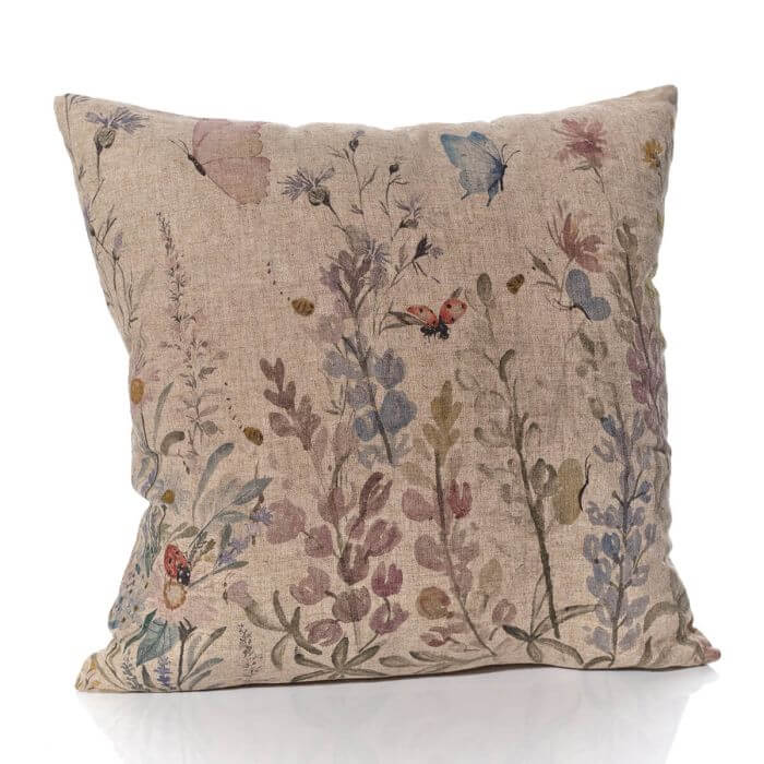 Cottage Garden Linen/Flax Blend Foliage and Insects Printed Square Cushion