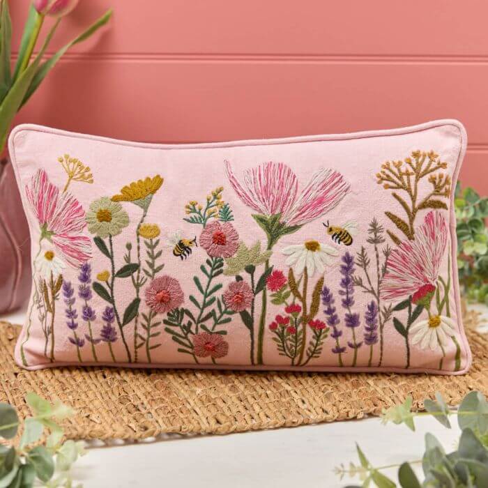 Floral Pink BAse Embroidered 100% Cotton Rectangular Cushion