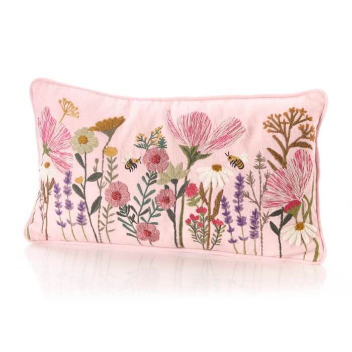 Floral Pink BAse Embroidered 100% Cotton Rectangular Cushion