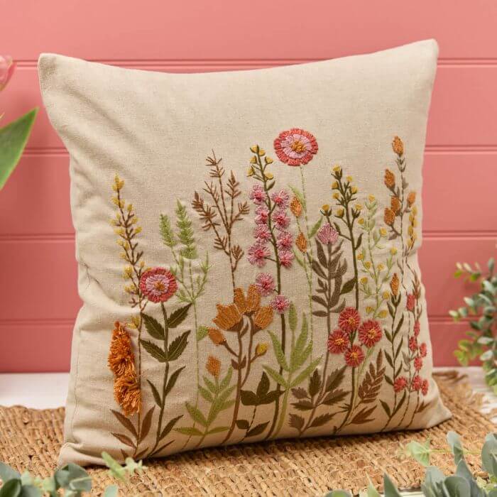 Floral Natural Base Embroidered Square Cushion