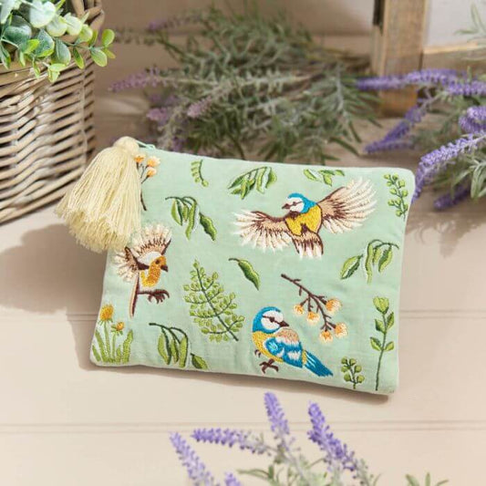 Floral Feathered Embroidered Velvet Pouch