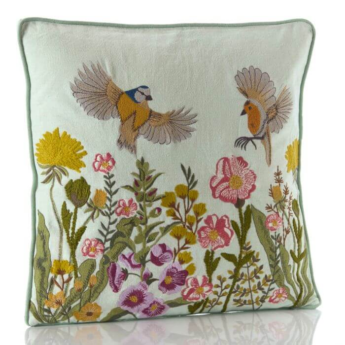 Birds In Flight Floral Embroidered Cushion