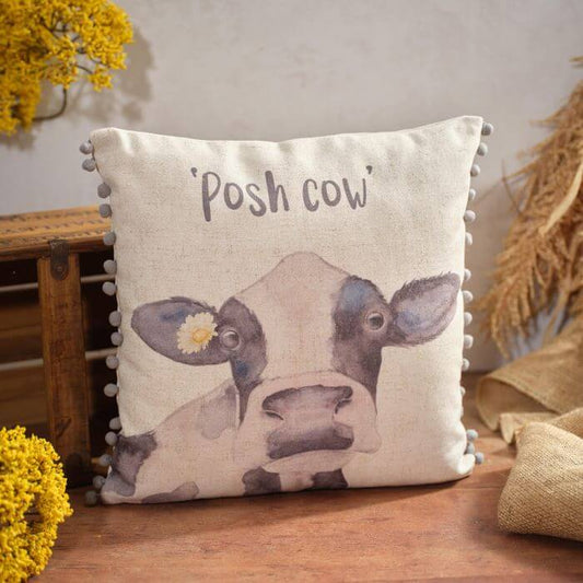 Farm Life Posh Cow Cushion Edge With Pom Poms Polyester with Linen Cushion