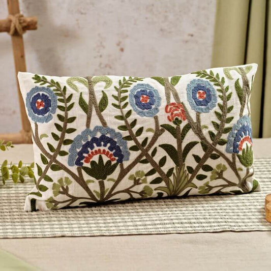 Flourish And Foliage Cotton Folk Floral Embroidered Rectangular Cushion