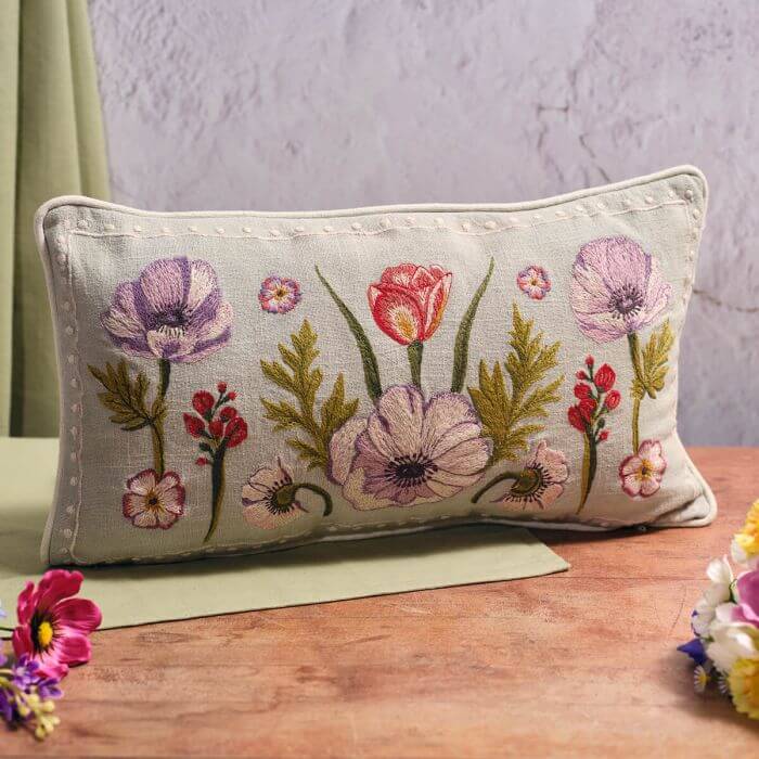 Floral Seranade 100% Cotton Mixed Flowers Embroidered Rectangular Cushion