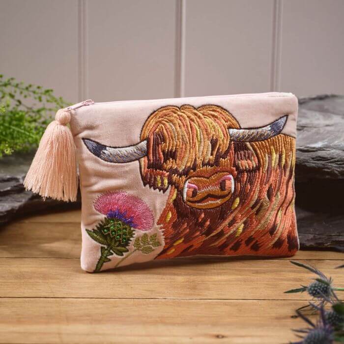 Highland Cow and Thistle Velvet Pouch