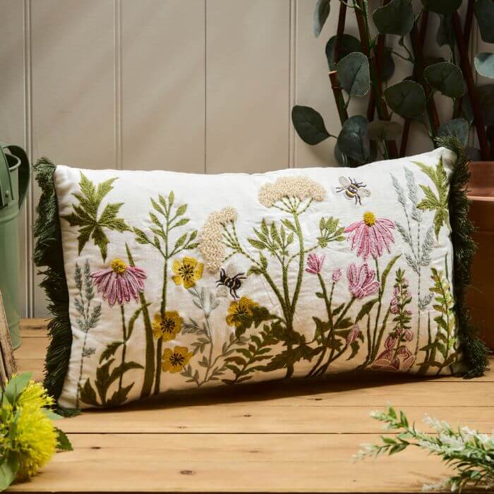 Wildflowers Embroidered Cushion With Fringing
