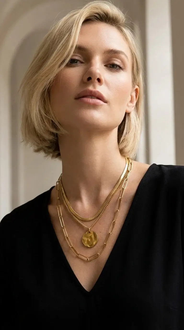 Envy Jewellery - Short gold triple layered necklace with circle pendant