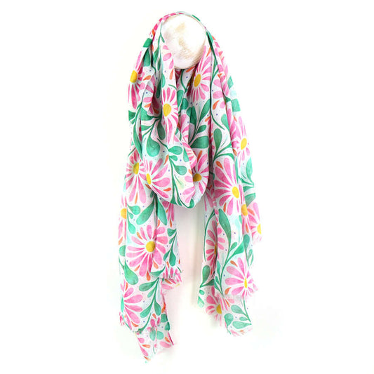 POM925 - Pink and jade daisy print scarf