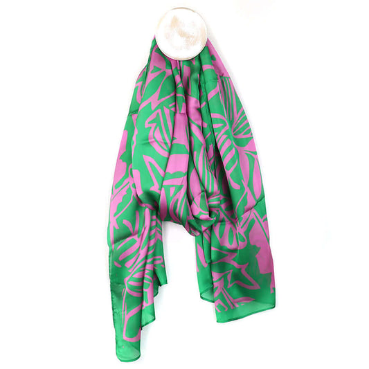 POM925 - Recycled green and pink silky tropical leaf print scarf