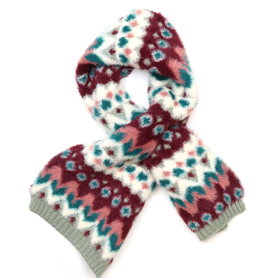 POM925 - Imogen duck egg and wine fluffy patterned pull through scarf