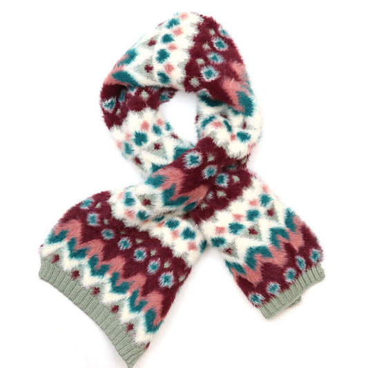 POM925 - Imogen duck egg and wine fluffy patterned pull through scarf